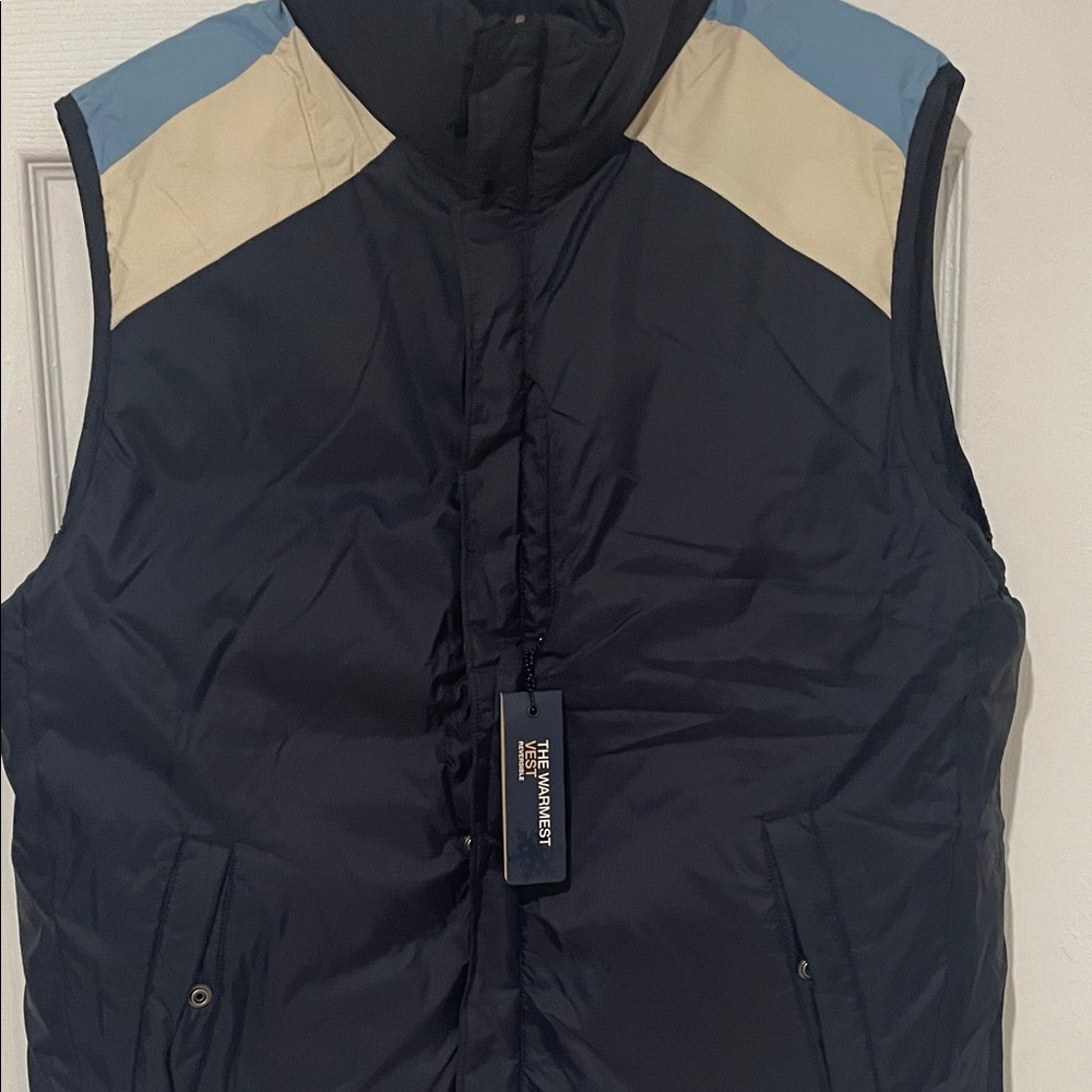 GAP Men's Navy Puffer Vest with Cream and Light Blue Accents